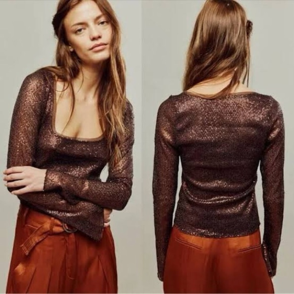 Free People Metallic Brown Long Sleeve Blouse